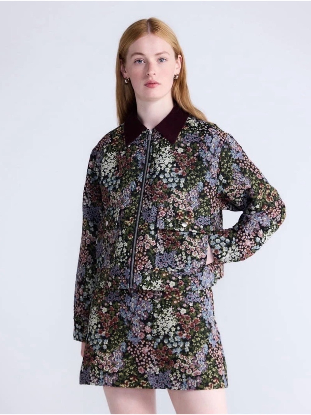 Free Assembly Women's Semi Cropped Jacquard Floral Tapestry Jacket, NWT